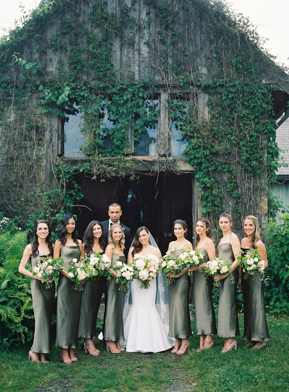 Blue Hill at Stone Barns wedding bridesmaids in green