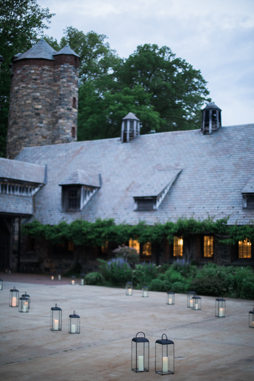 Blue Hill at Stone Barns wedding courtyard lined with lanterns