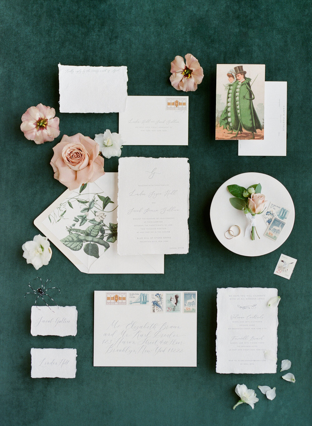 Blue Hill at Stone Barns wedding invitation suite lettepress deckled paper vintage stamps