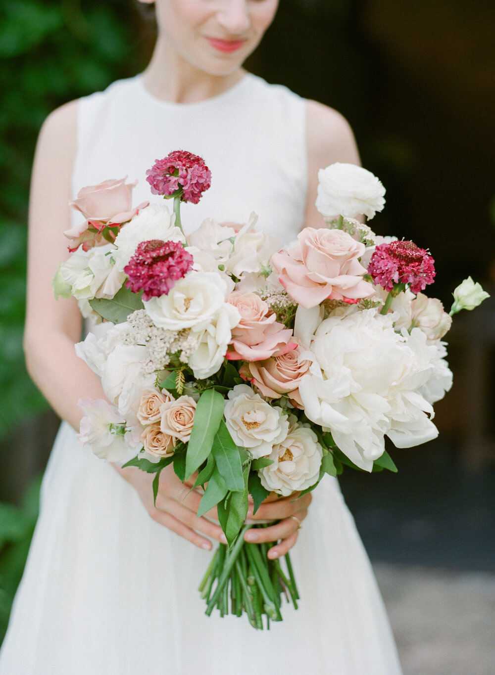 Blue Hill at Stone Barns wedding bouquet peony rose ranunculus scabiosa