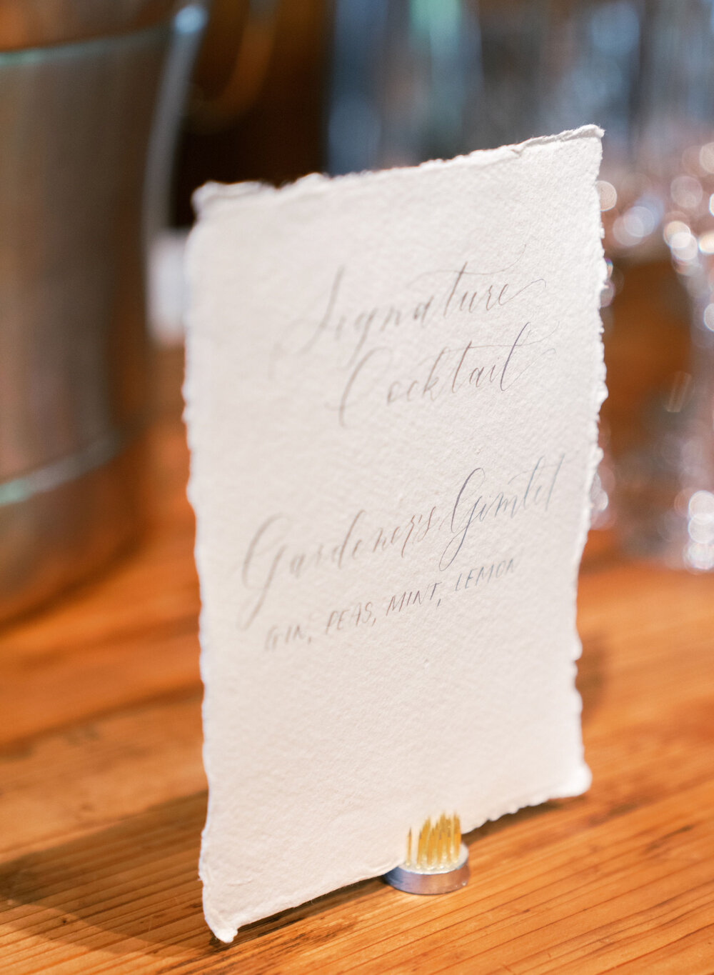 Blue Hill at Stone Barns wedding cocktail sign deckled paper hand calligraphy