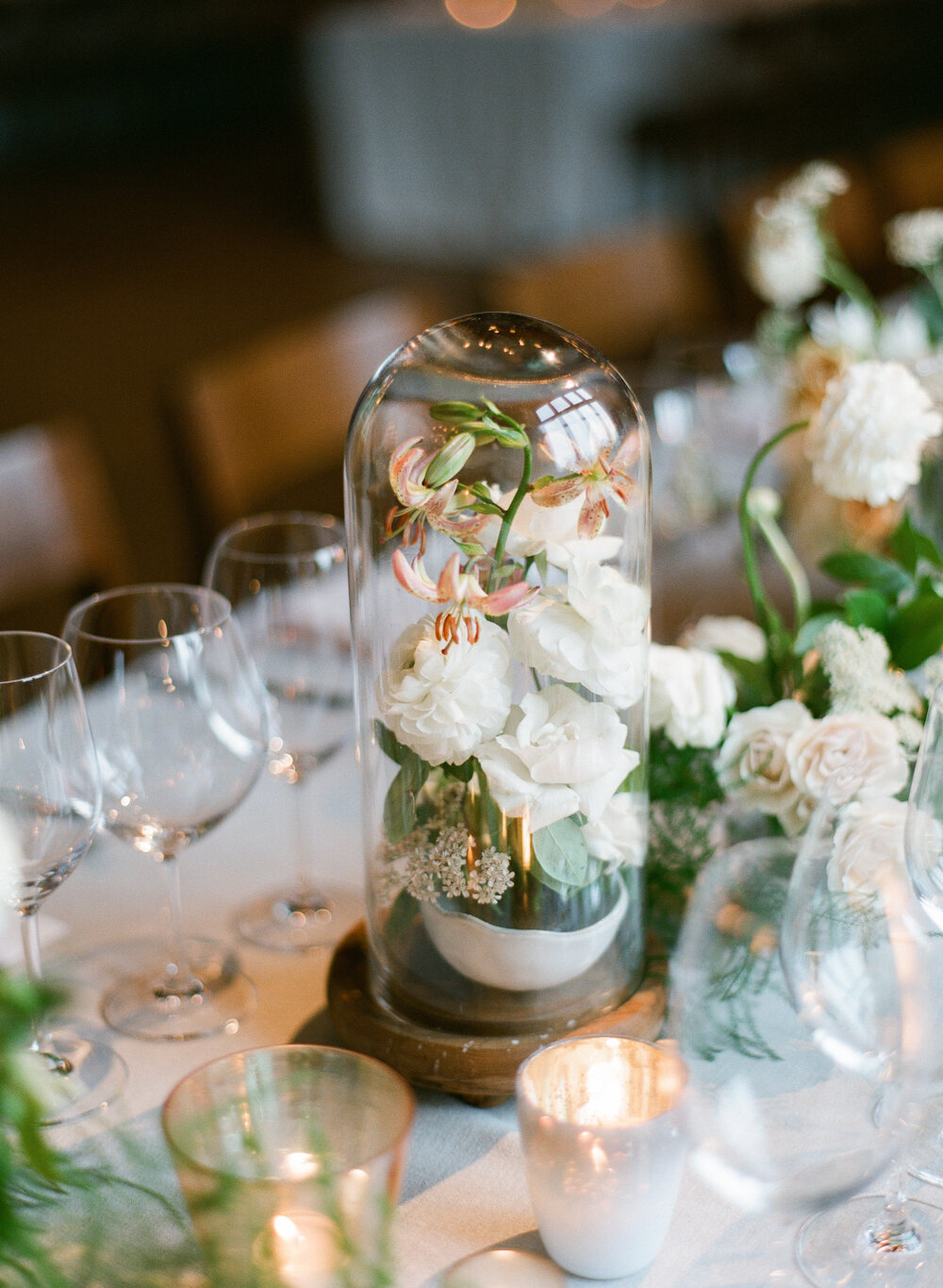 Blue Hill at Stone Barns wedding glass cloche flowers