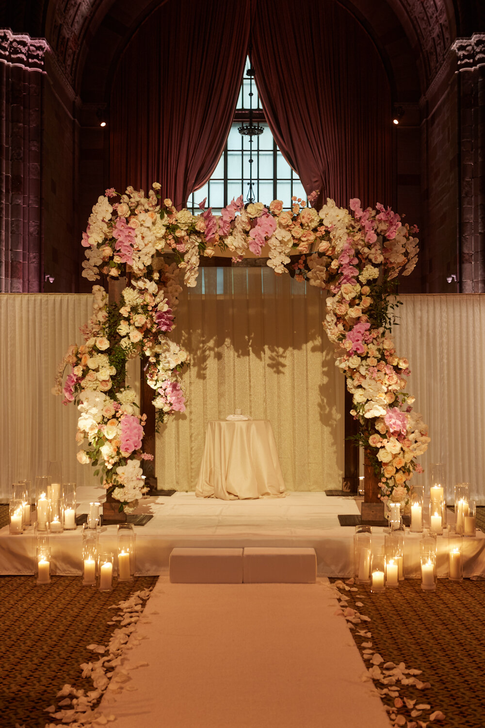 Cipriani 42nd Street wedding chuppah with white and pink flowers