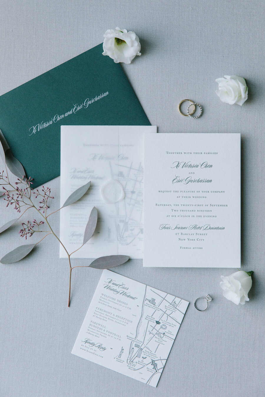 Four Seasons NYC wedding invitations letterpress with green envelope