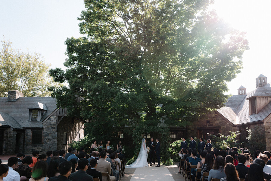 Blue Hill at Stone Barns wedding ceremony in front of the tree in the courtyard