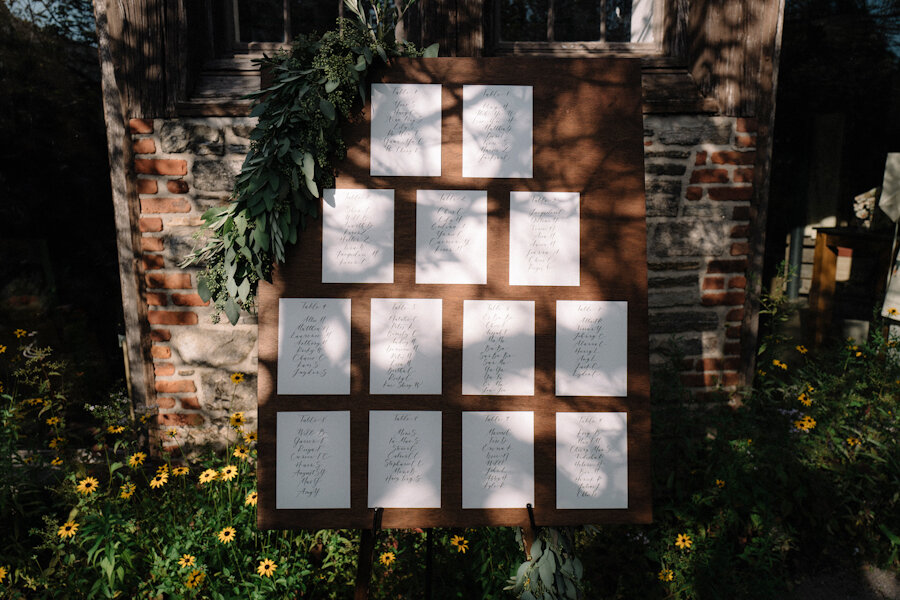 Blue Hill at Stone Barns wedding seating chart with hand calligraphy