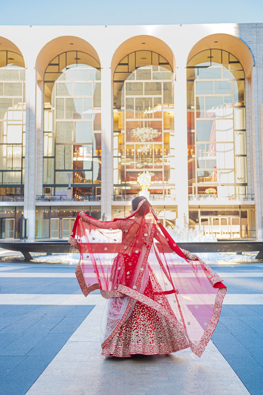 Bride at lincoln center in red Indian dress