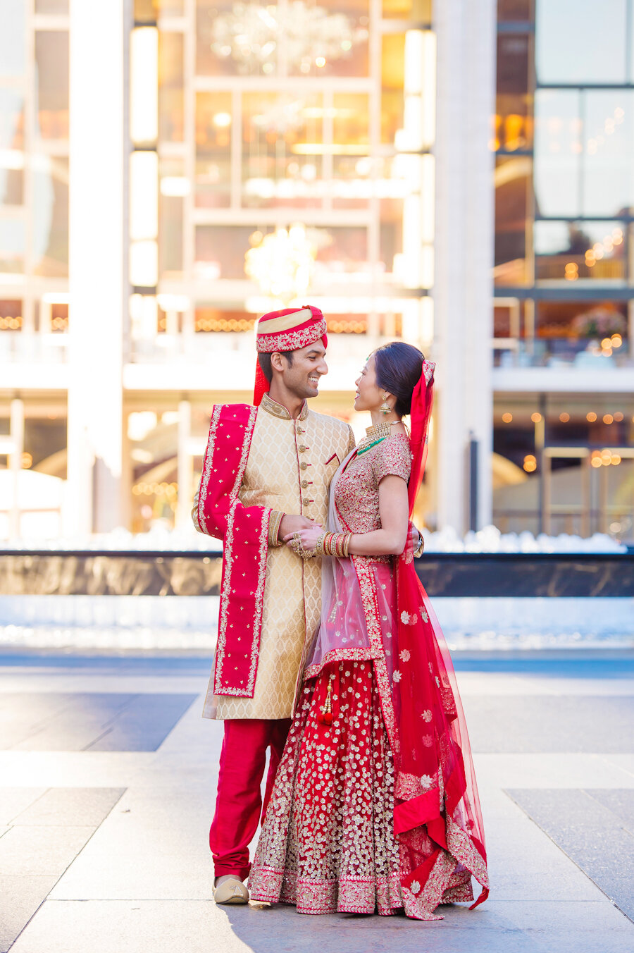 bride and groom in Indian outfits at Lincoln Center