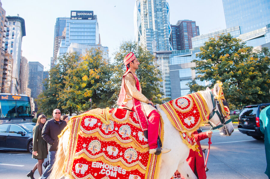 Mandarin Oriental New York wedding baraat groom on horse