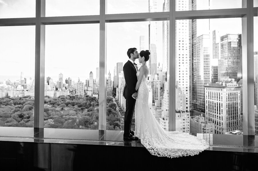 Mandarin Oriental New York wedding bride and groom with NYC skyline