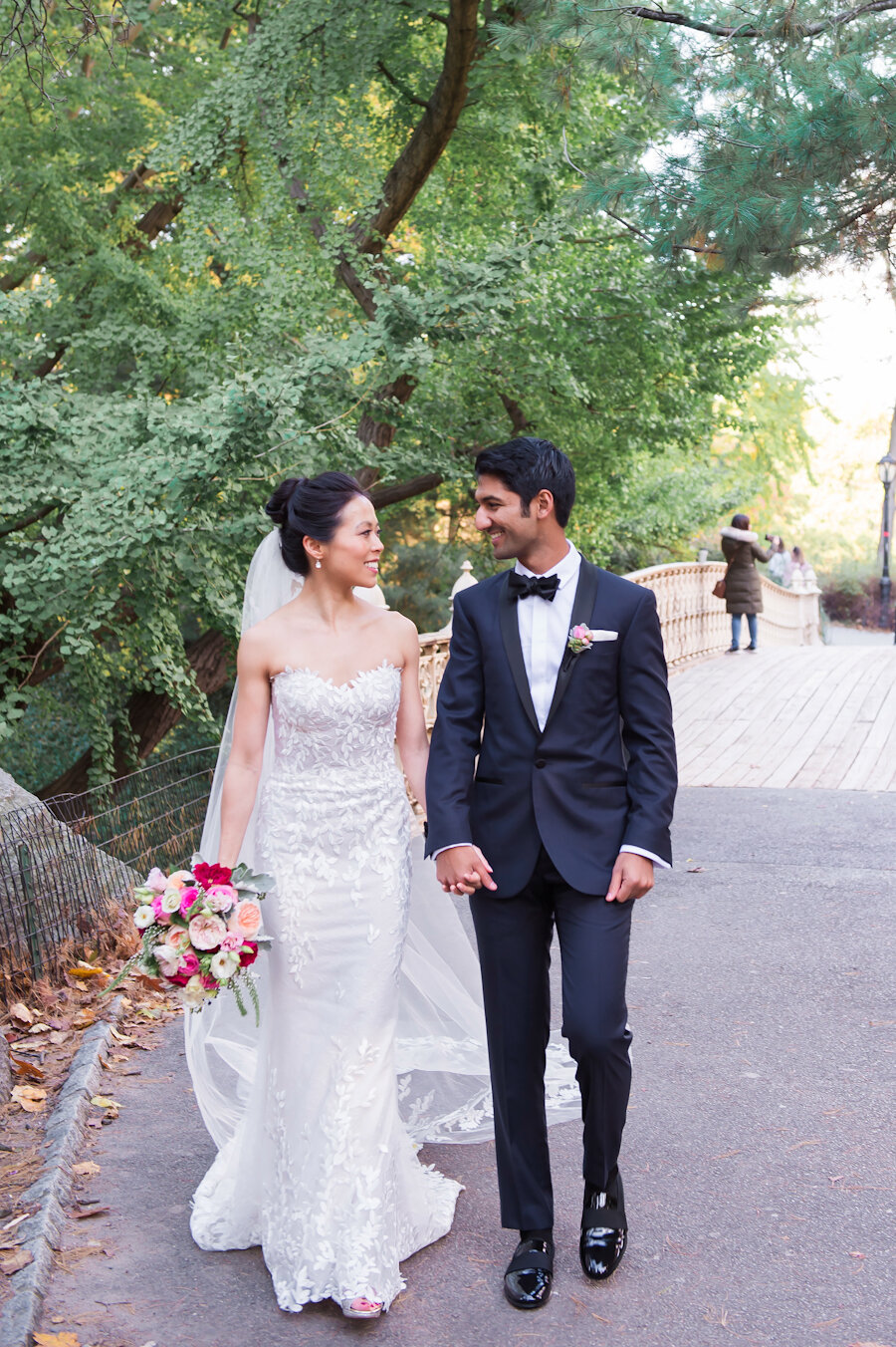 Mandarin Oriental New York wedding bride and groom walking