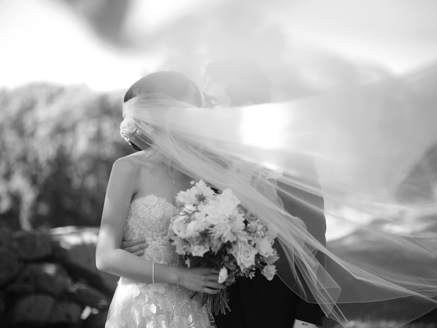 bride's veil blowing in the wind