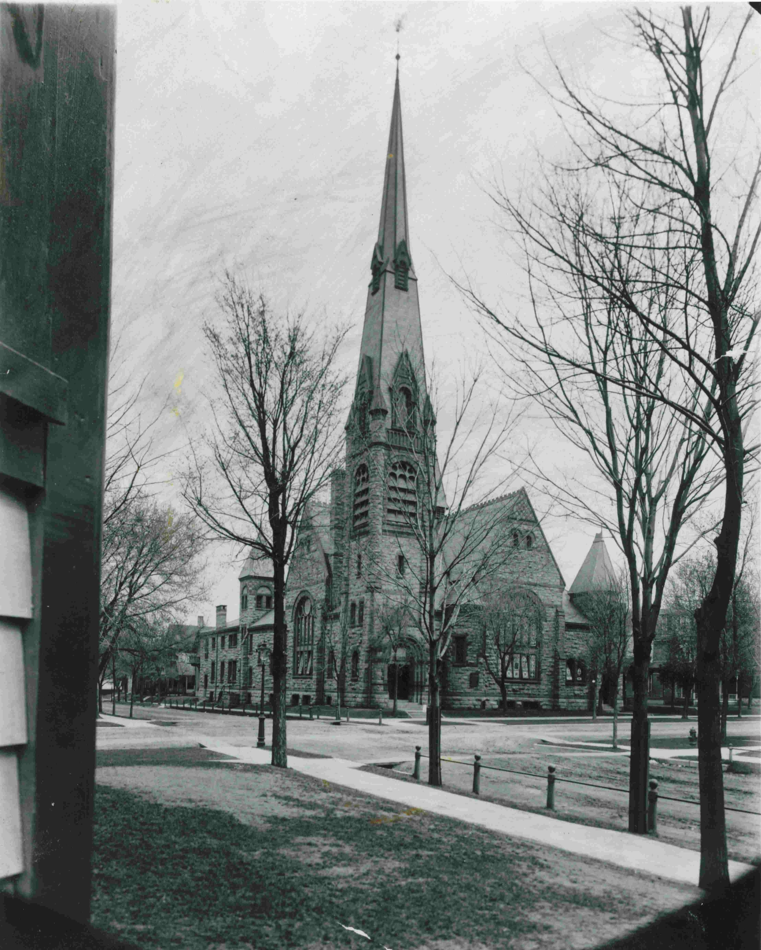 The original structure of St. Paul's Church with steeple