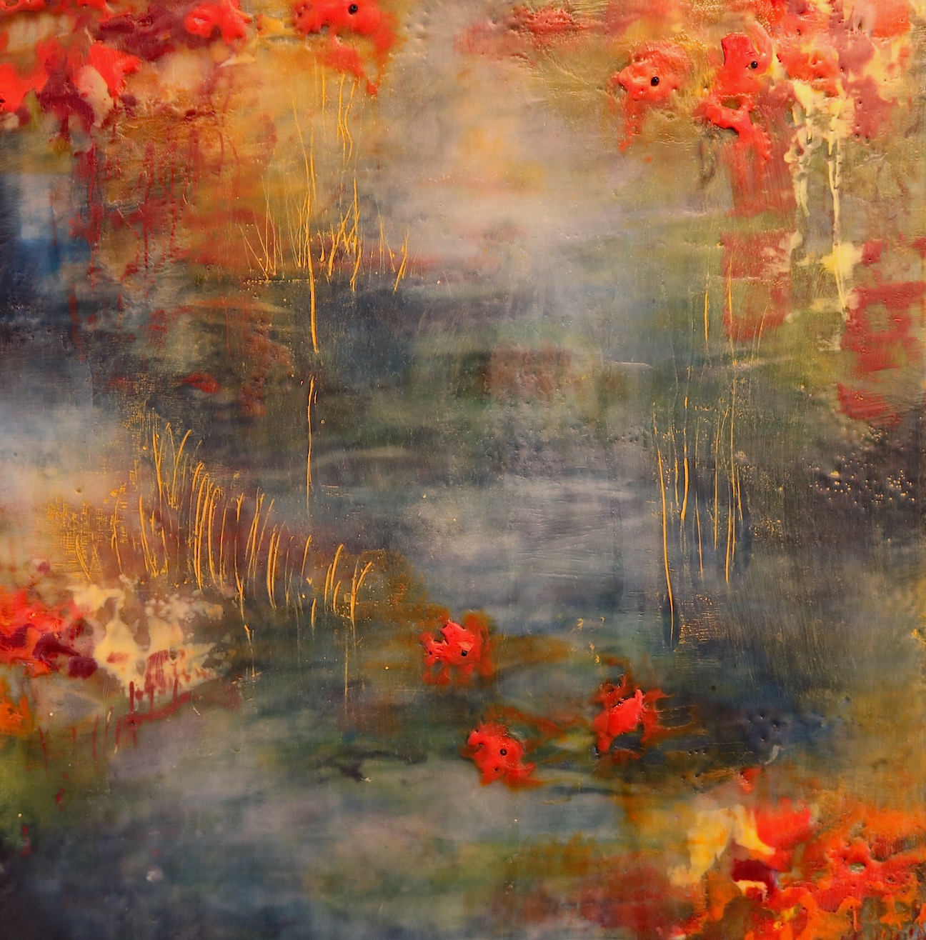 A detail from my latest encaustic painting in the 'Pond' series.