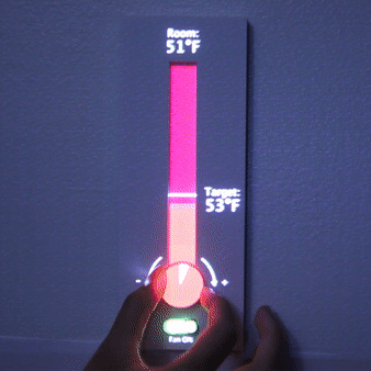 The dial adjusts the target temperature and displays how long it will take (in minutes) for the room to reach the target temperature