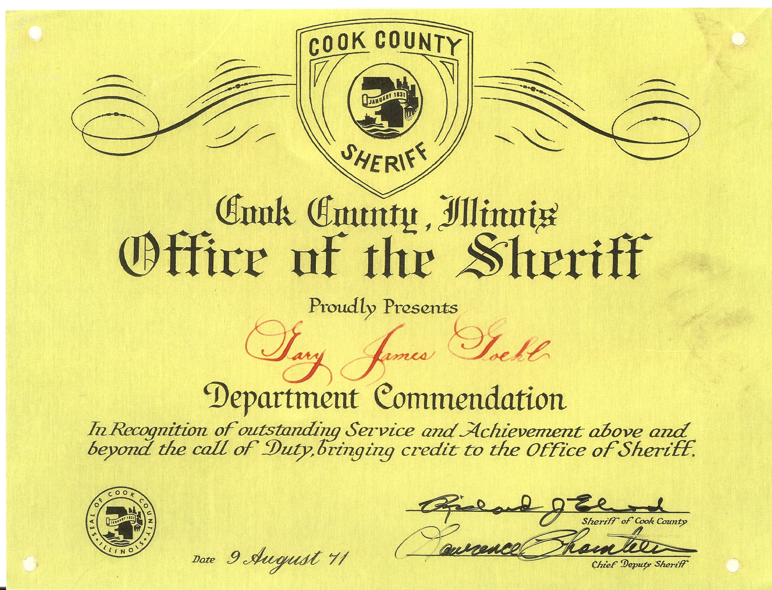 Goehl's Sheriff's Department Commendation