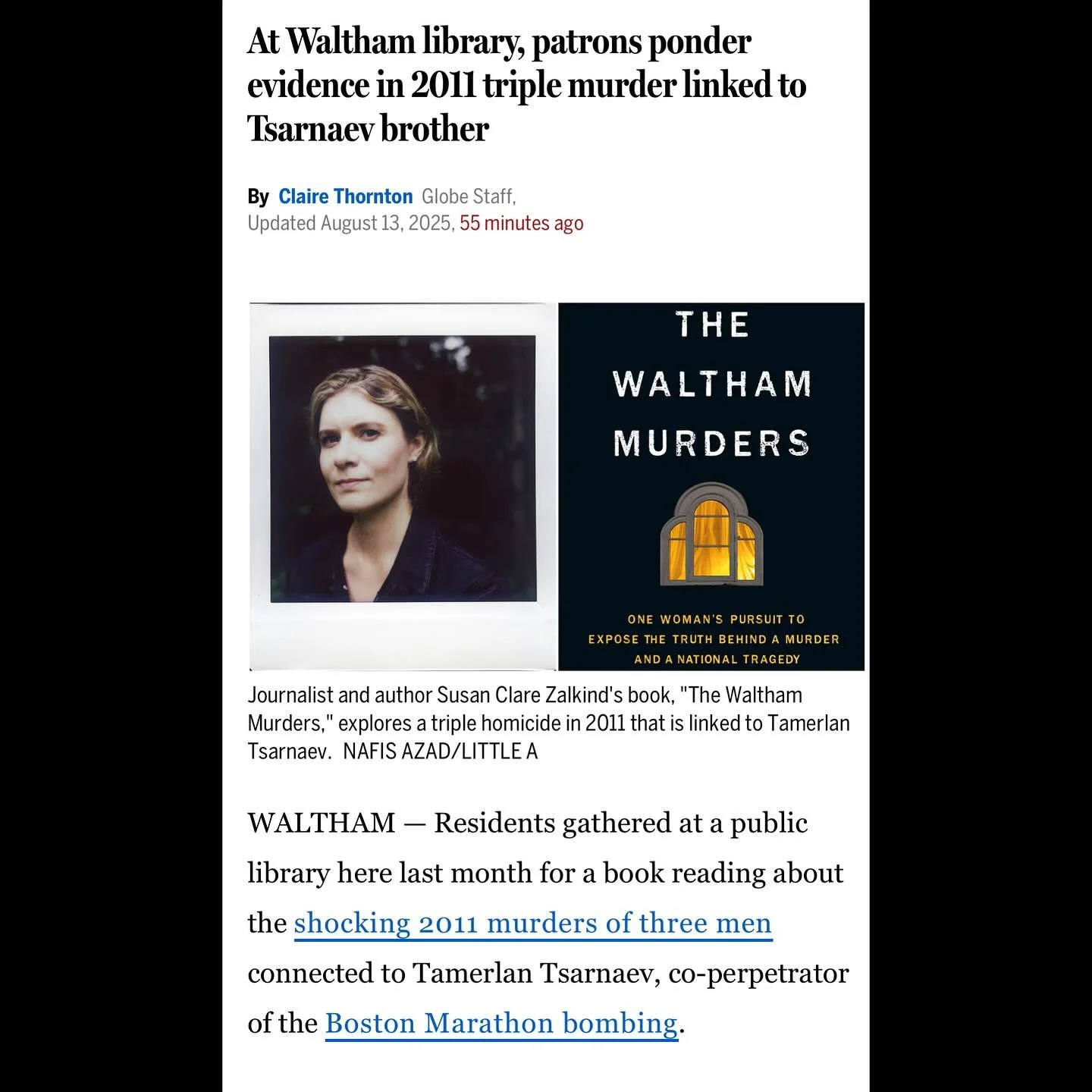 The Waltham Public Library event was so meaningful. Thank you so much to everyone who came out and to the Boston Globe for capturing this moment in print. @walthamlibrary
