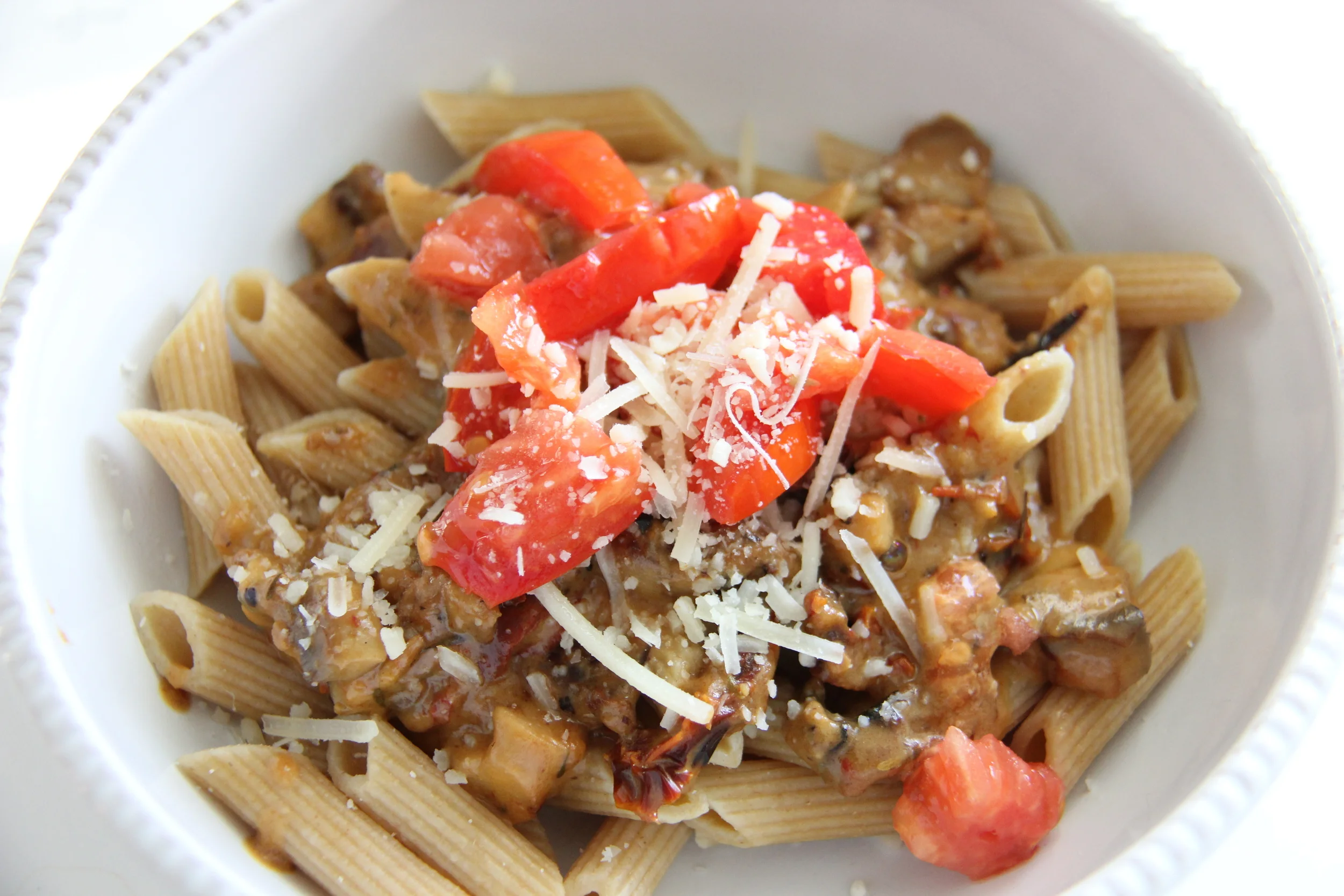 Whole Wheat Penne with Mushroom + Sun-Dried Tomato Sauce