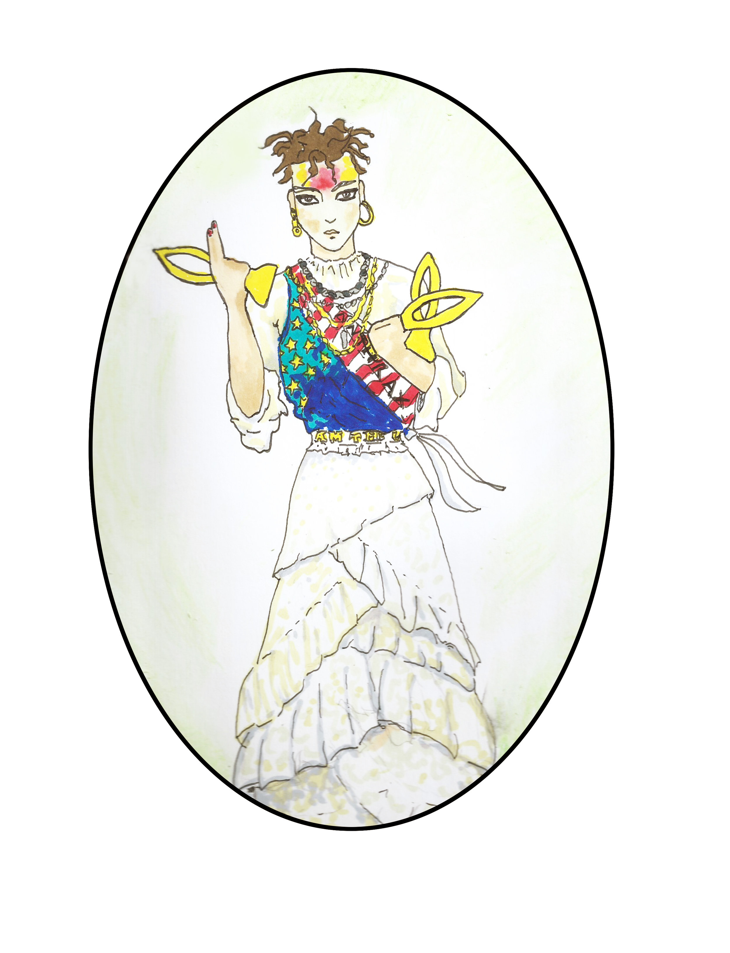 A drawing of Hubert Lenoir in a white robe, colourful garments that make him look like a god or goddess.