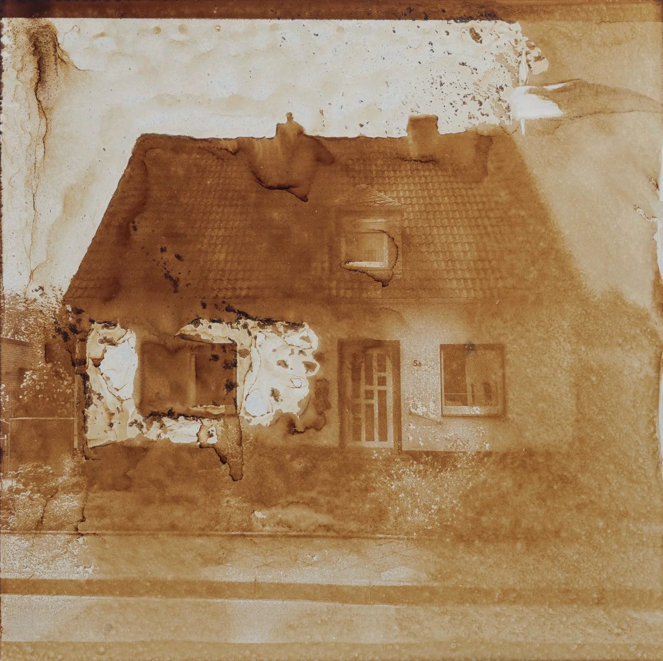 Residential Neighborhood, 2025, bitumen hand print on metal plate (Heliography), 20 × 20 cm.