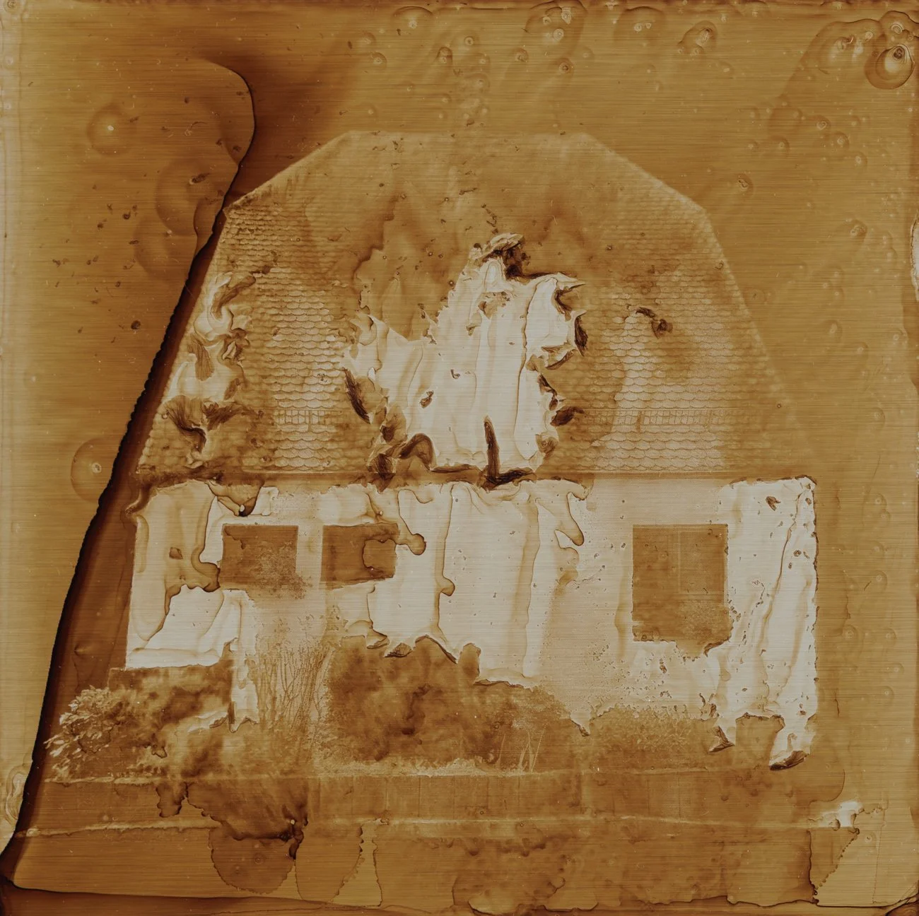 Residential Neighborhood, 2025, bitumen hand print on Metal plate (Heliography), 20 × 20 cm.