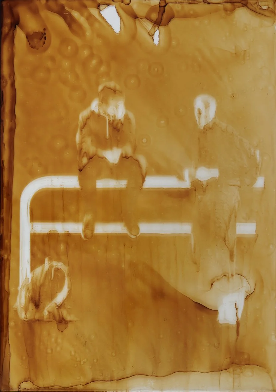 Public Spaces, 2025, bitumen hand print on glass plate (Heliography), 30 × 20 cm.