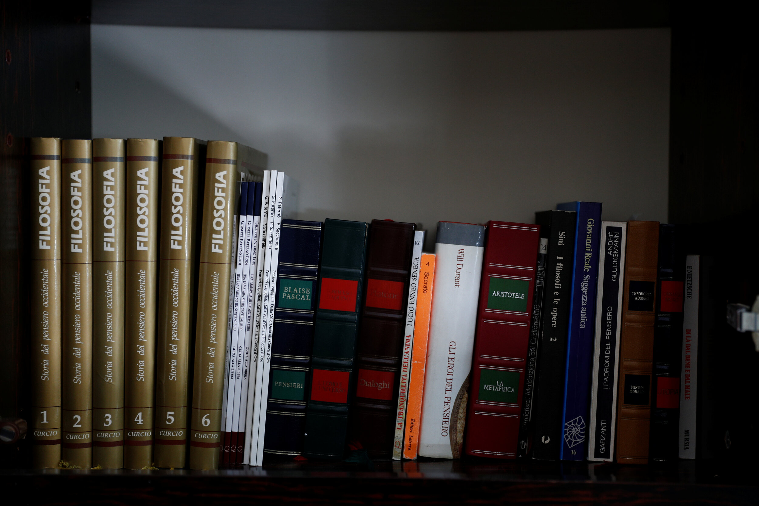  Philosophy books belonging to Giuseppe Paterno, 96, Italy's oldest student, stand on a shelf, a day before he graduates from The University of Palermo with an undergraduate degree in history and philosophy, at his home in Palermo, Italy, July 28, 20