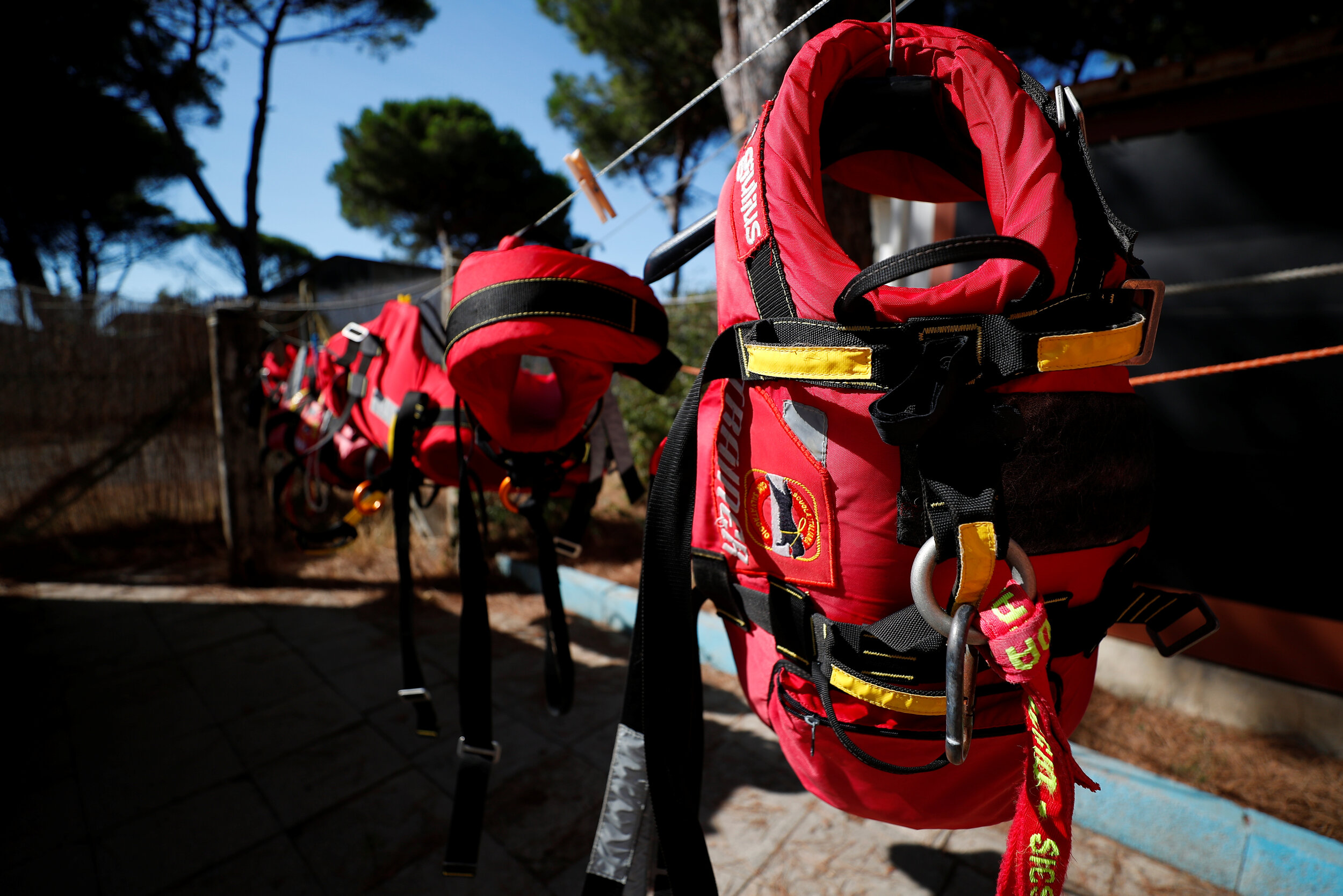  Lifejackets for dogs are seen at the Italian School of Rescue Dogs (La Scuola Italiana Cani Salvataggio) headquarters before an all-female group of canine rescuers start patrolling the beach to ensure swimmers can enjoy their time at the sea in safe