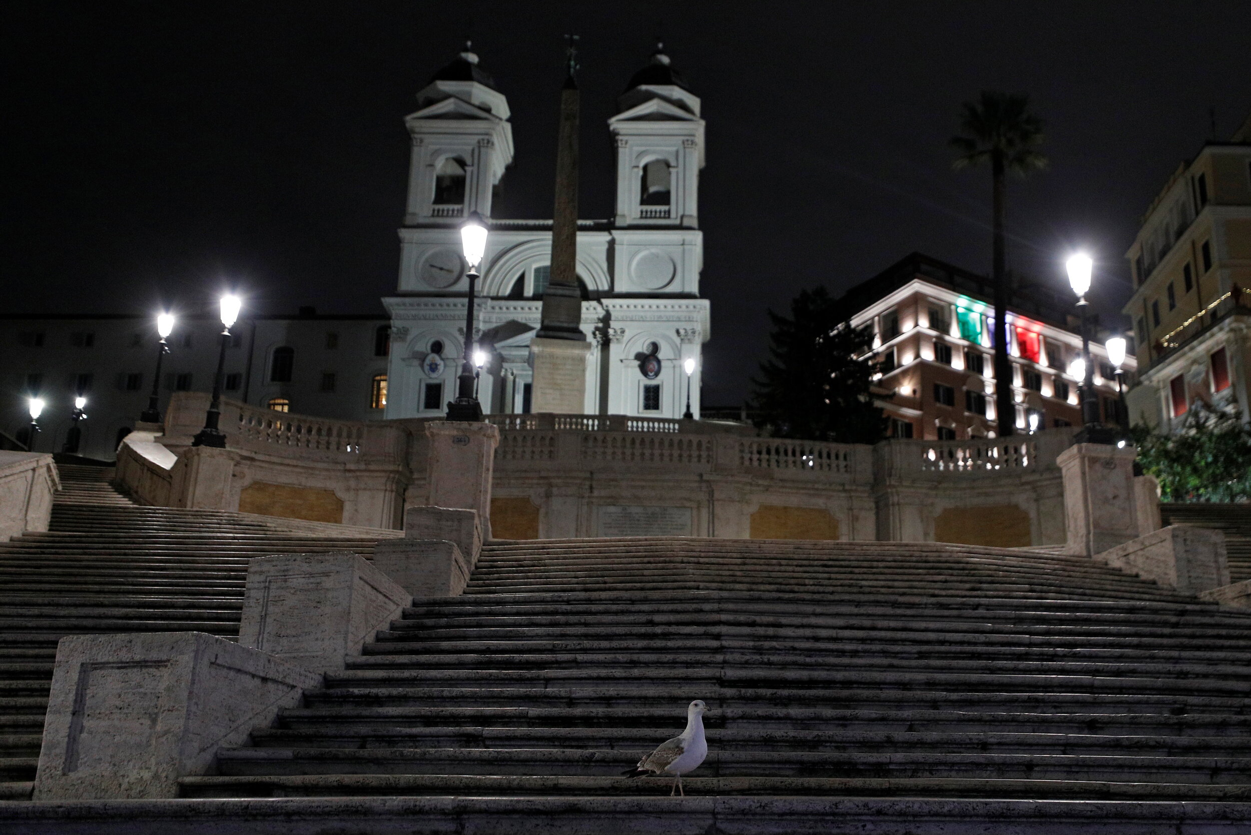  A seagull rests at a deserted Spanish Steps following a curfew imposed by the region of Lazio from midnight to 5 a.m to curb the coronavirus disease (COVID-19) infections in Rome, Italy, October 24, 2020. 