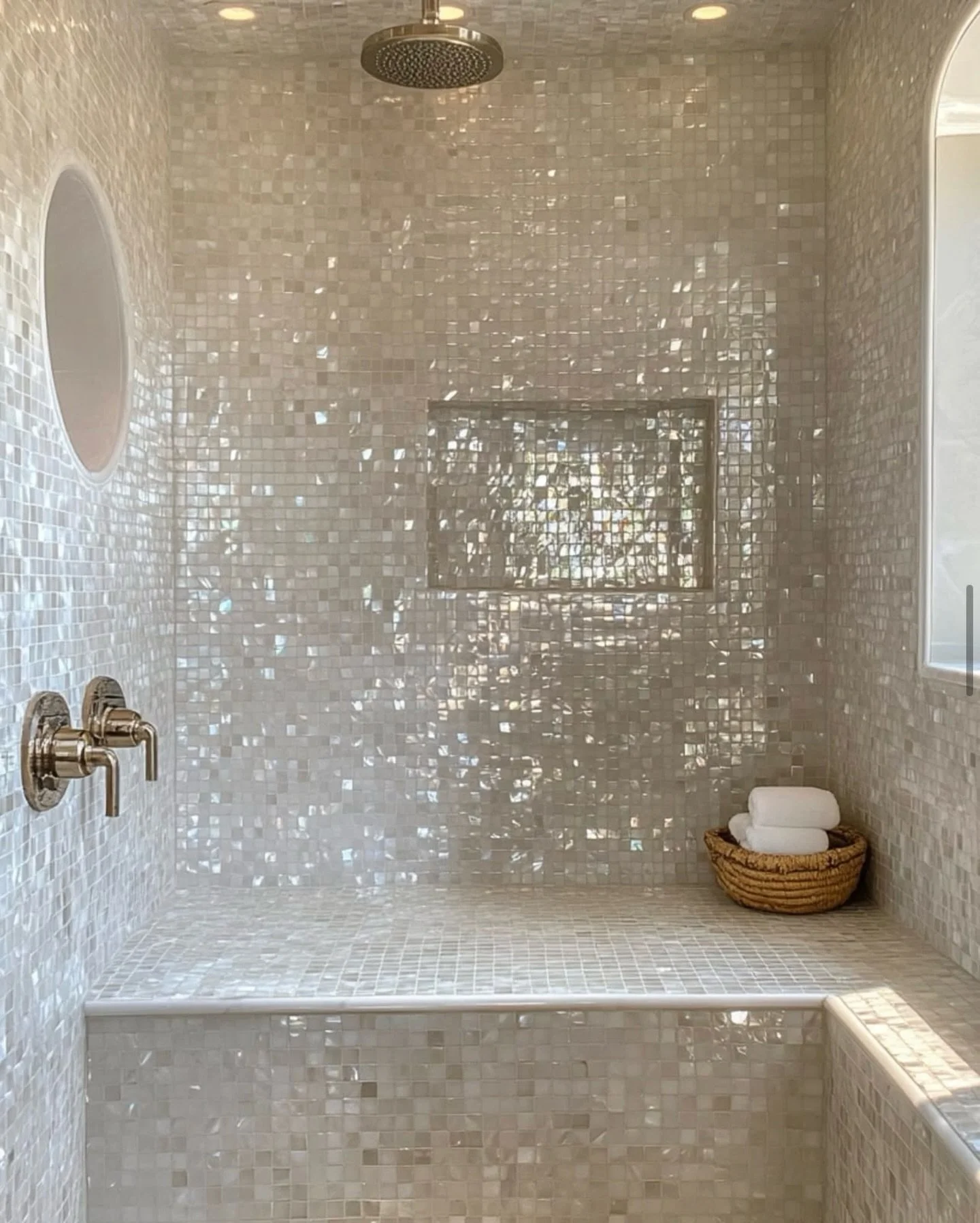 Mother of pearl mosaics exuding natural elegance and lustre 
#interiordesign #HHD #HennesseyHouseDesign #interiorinspiration #bathroominspiration