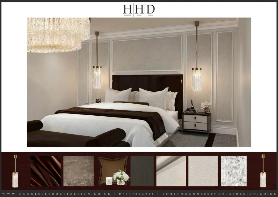 Bedroom visuals of a new project we are excited to bring to life this year. 

Designed to slow time and evoke calm. 

Deep tones, layered textures, and a gentle glow from the feature pendants setting the mood for rest and refinement.

#HHD #Hennessey