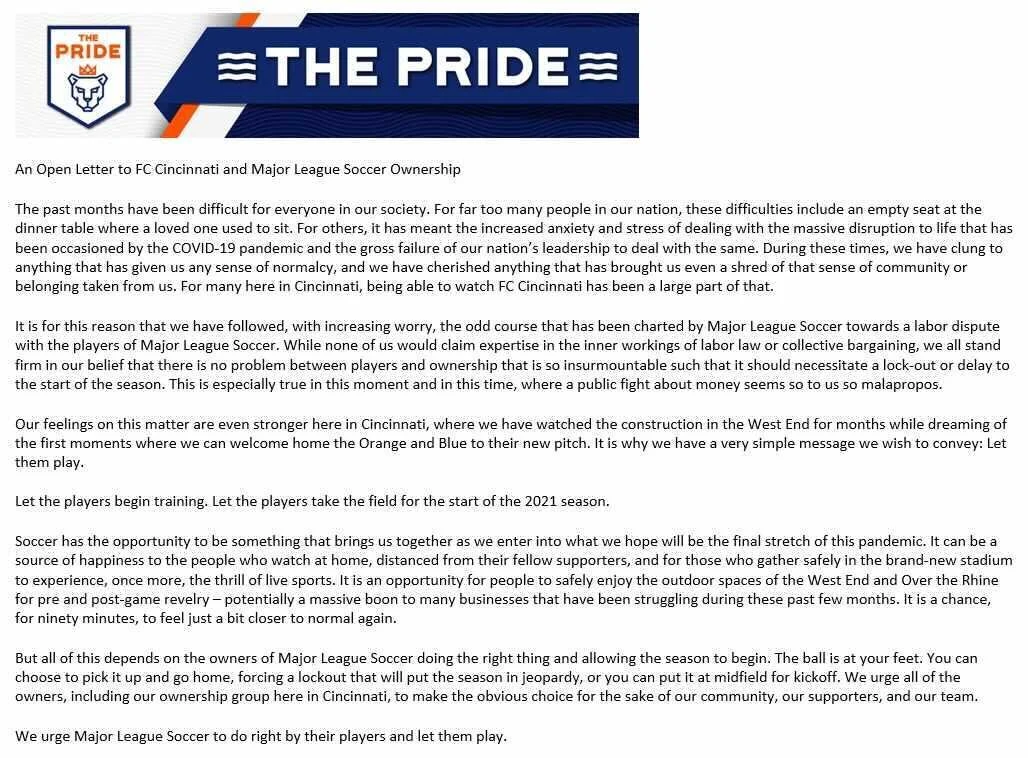 An Open Letter to FC Cincinnati and Major League Soccer Ownership