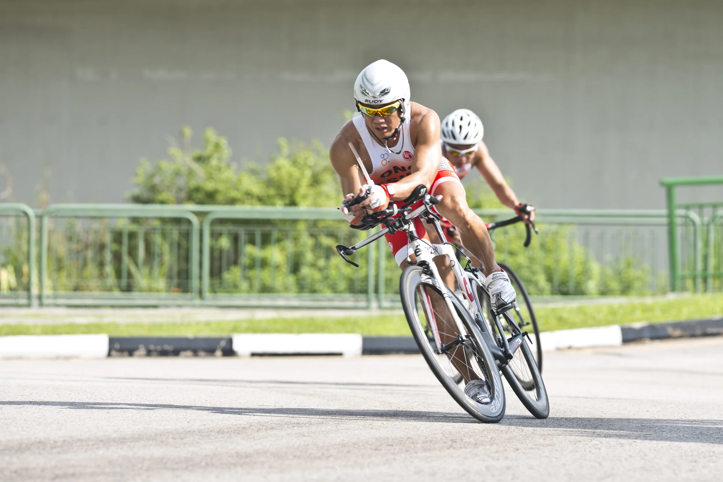 A triathlete edges during training at Seletar Air Base.