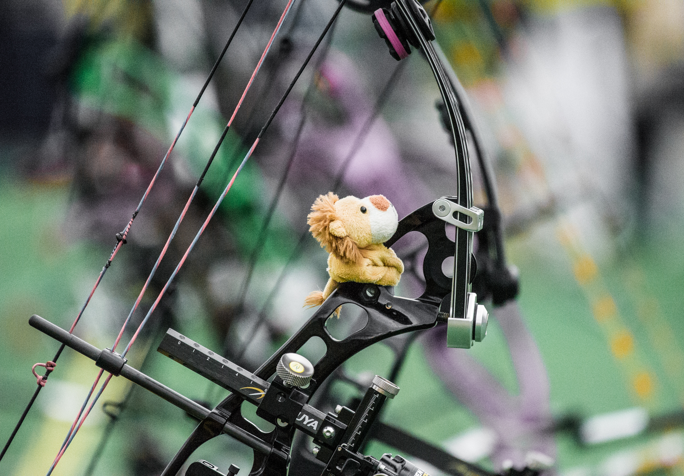 A lion sits on an archer's bow during the archery competition of the ASEAN University Games at the National Institute of Education.