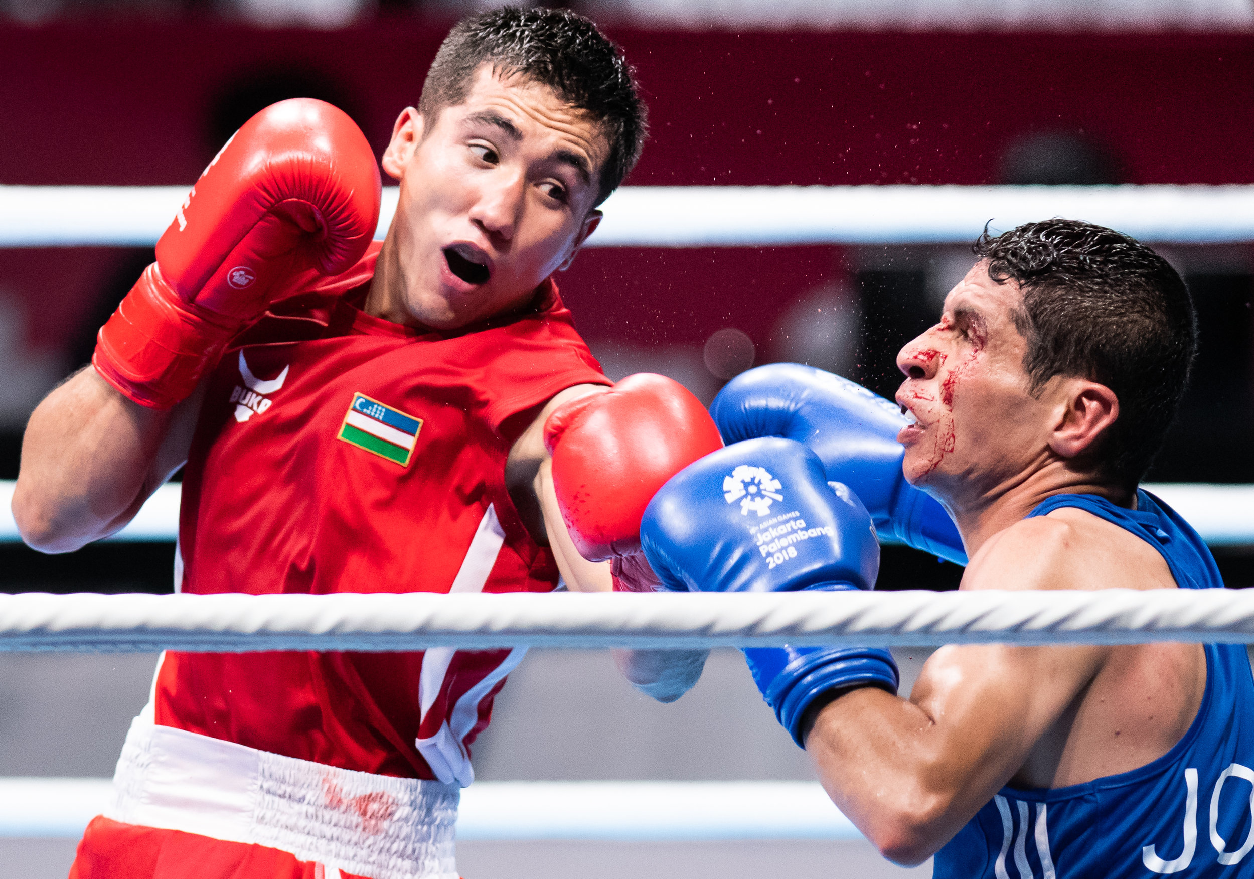 An Uzbek boxer punches his Jordanian opponent during the Bantam Weight match of the Asian Games at the Jakarta International Expo.