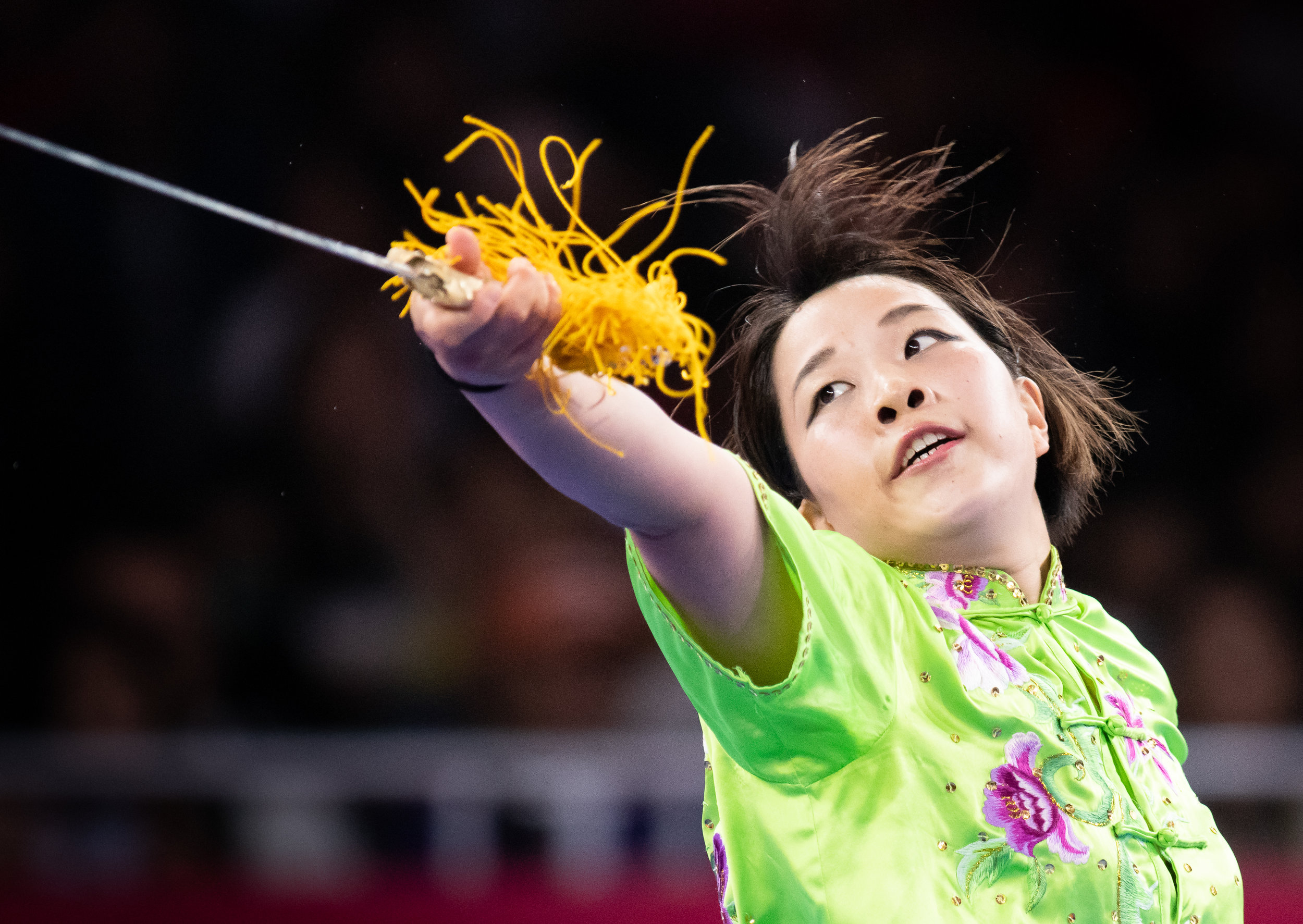A Japanese wushu exponent during the Women's Jianshu event of the Asian Games at the Jakarta International Expo.
