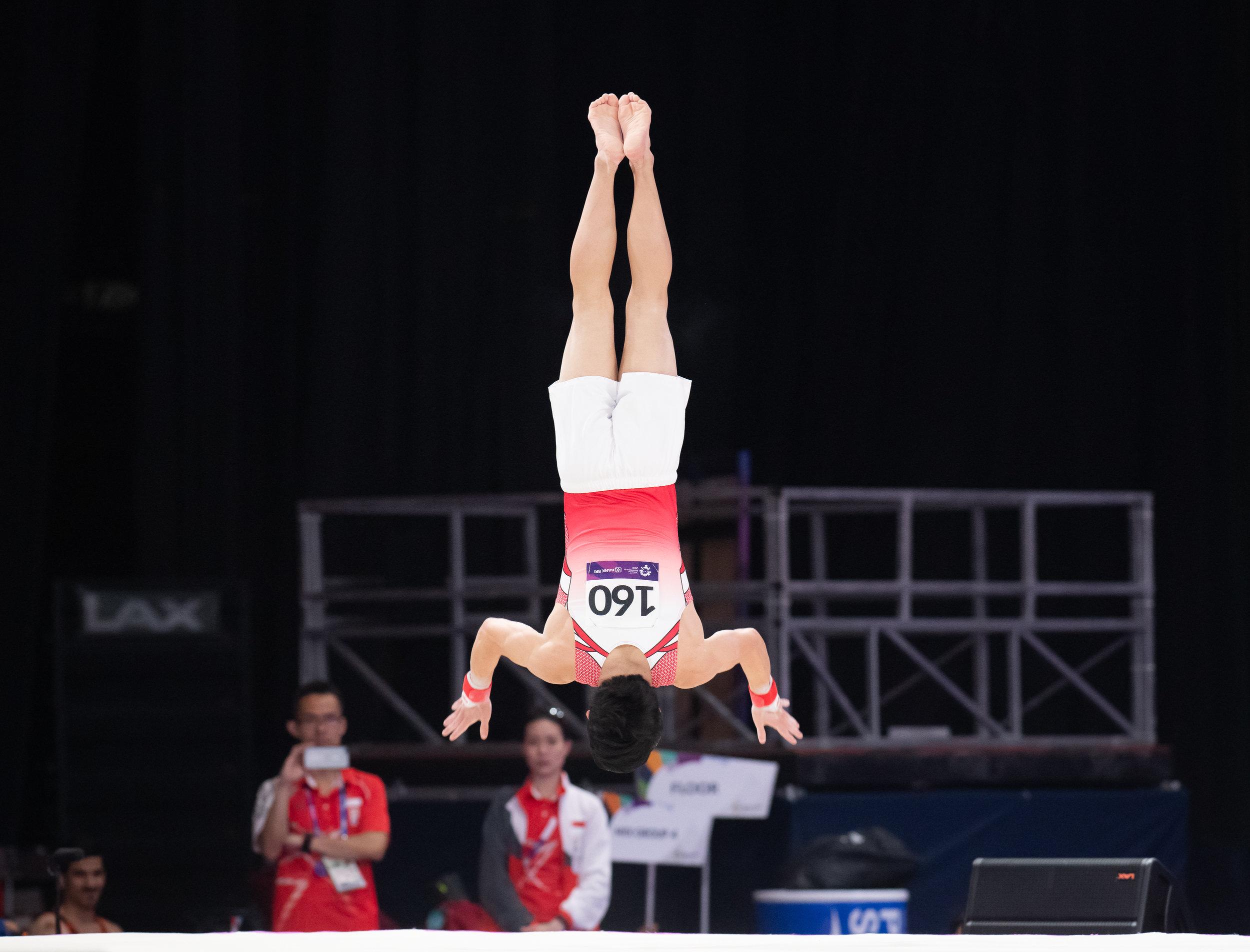 A Singaporean gymnast during the Men's Artistic Gymnastics Qualifiers of the Asian Games at the Jakarta Convention Centre.