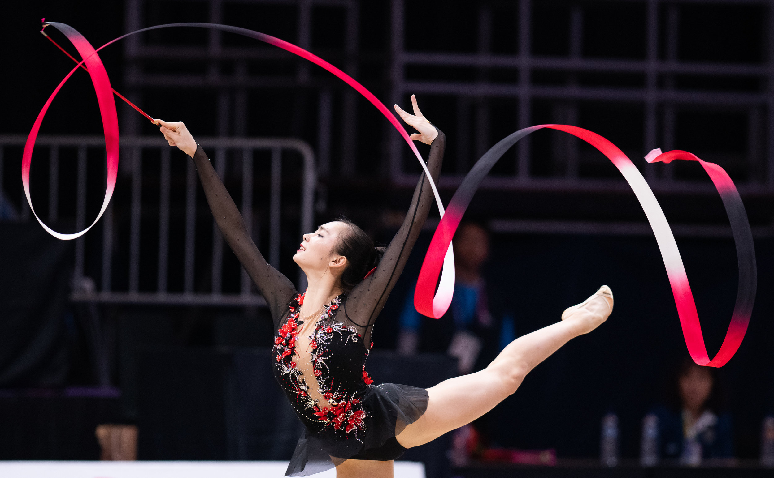A Chinese Gymnast during her Ribbons routine of the Asian Games at the Jakarta Convention Centre.