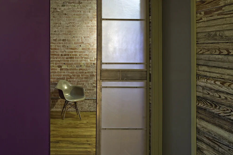 Aluminum and acrylic sliding door panel, residential loft, "El Picoso", San Antonio, Texas, 2008. Photo by Chris Cooper Photography