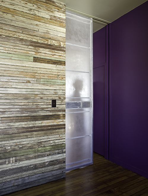 Aluminum and acrylic sliding door panel, residential loft, "El Picoso", San Antonio, Texas, 2008. Photo by Chris Cooper Photography