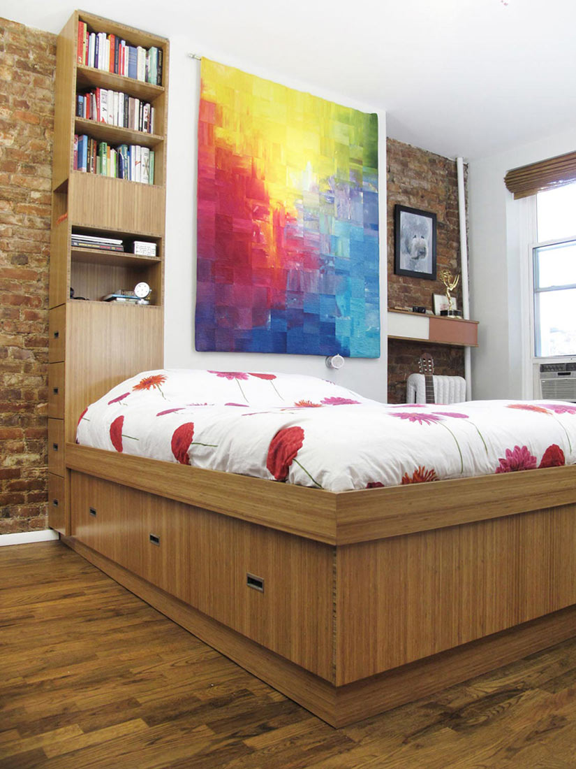 Bamboo bed with storage column around wall bump