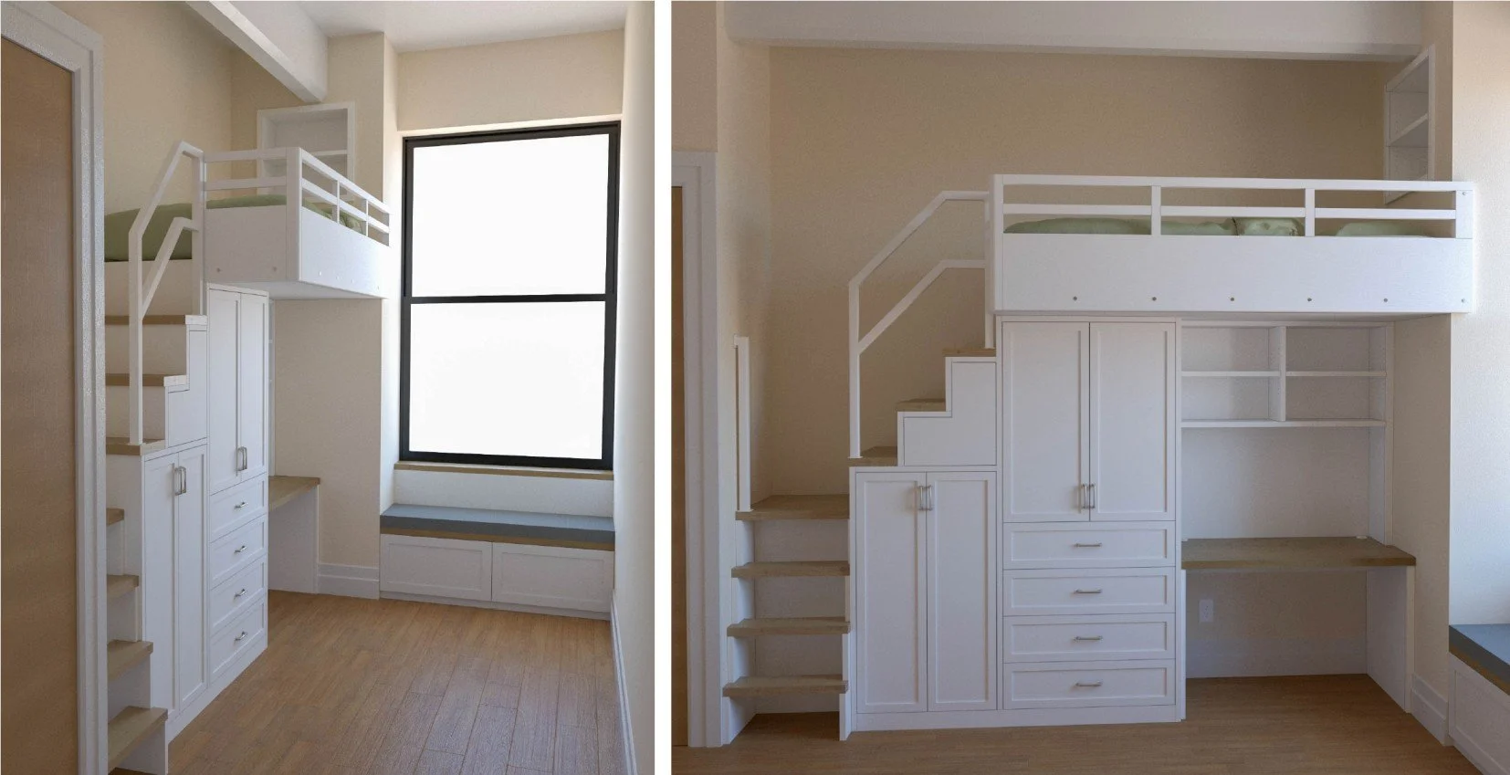 Maximal storage under a loft bed