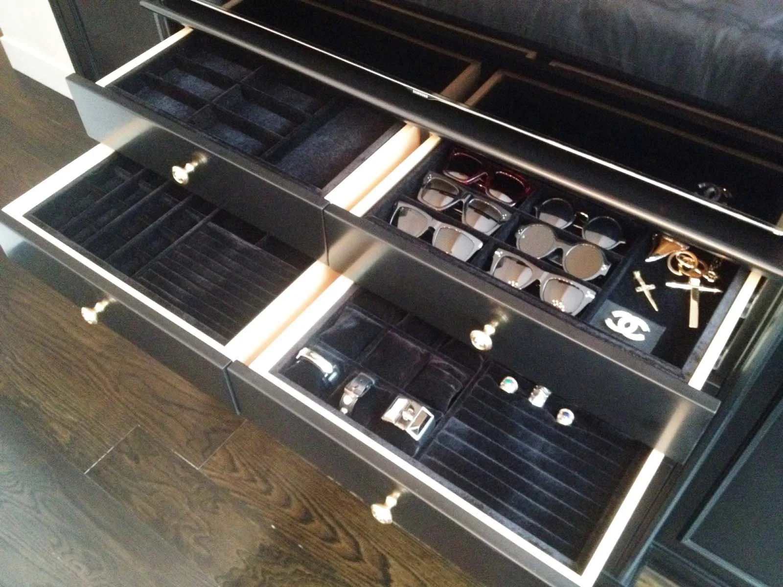 Customized shallow drawers for jewelry and eyewear