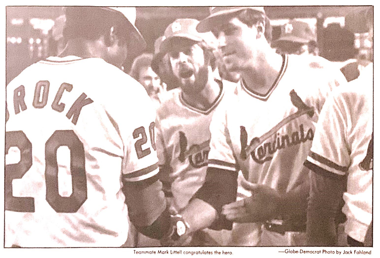 Mark congratulating Lou Brock on his 3000th hit, August 13, 1979