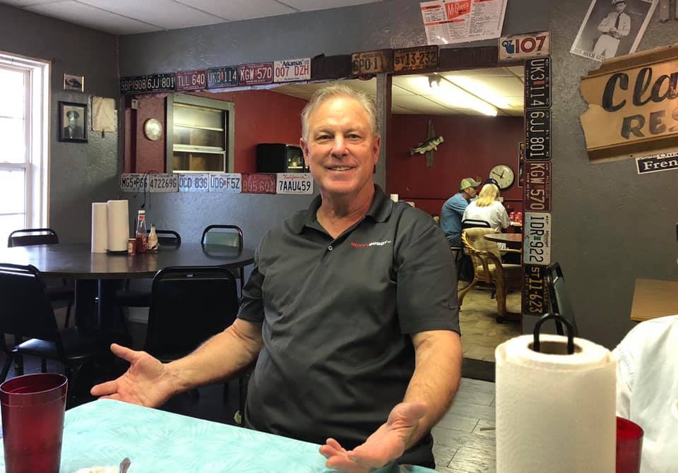 Mark about to enjoy some BBQ at the Clarktonian café in Clarkton, MO, 2019