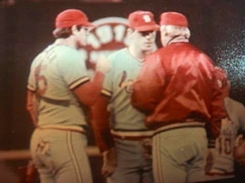 Mark on the mound conferring with Darrell Porter and Whitey Herzog