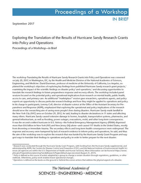 Exploring the Translation of the Results of Hurricane Sandy Research Grants into Policy and Operations: Proceedings of a Workshop—in Brief