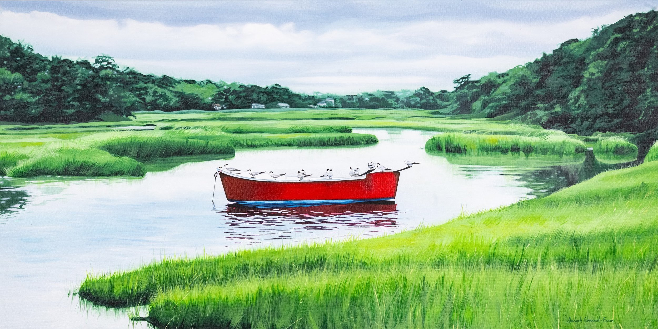 Red Boat in the Marsh 36” x 18” Acrylic on canvas Commission