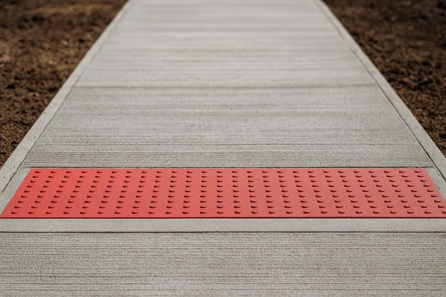 Close-up of a textured gray and red tactile paving strip on a paved walkway, surrounded by brown soil.