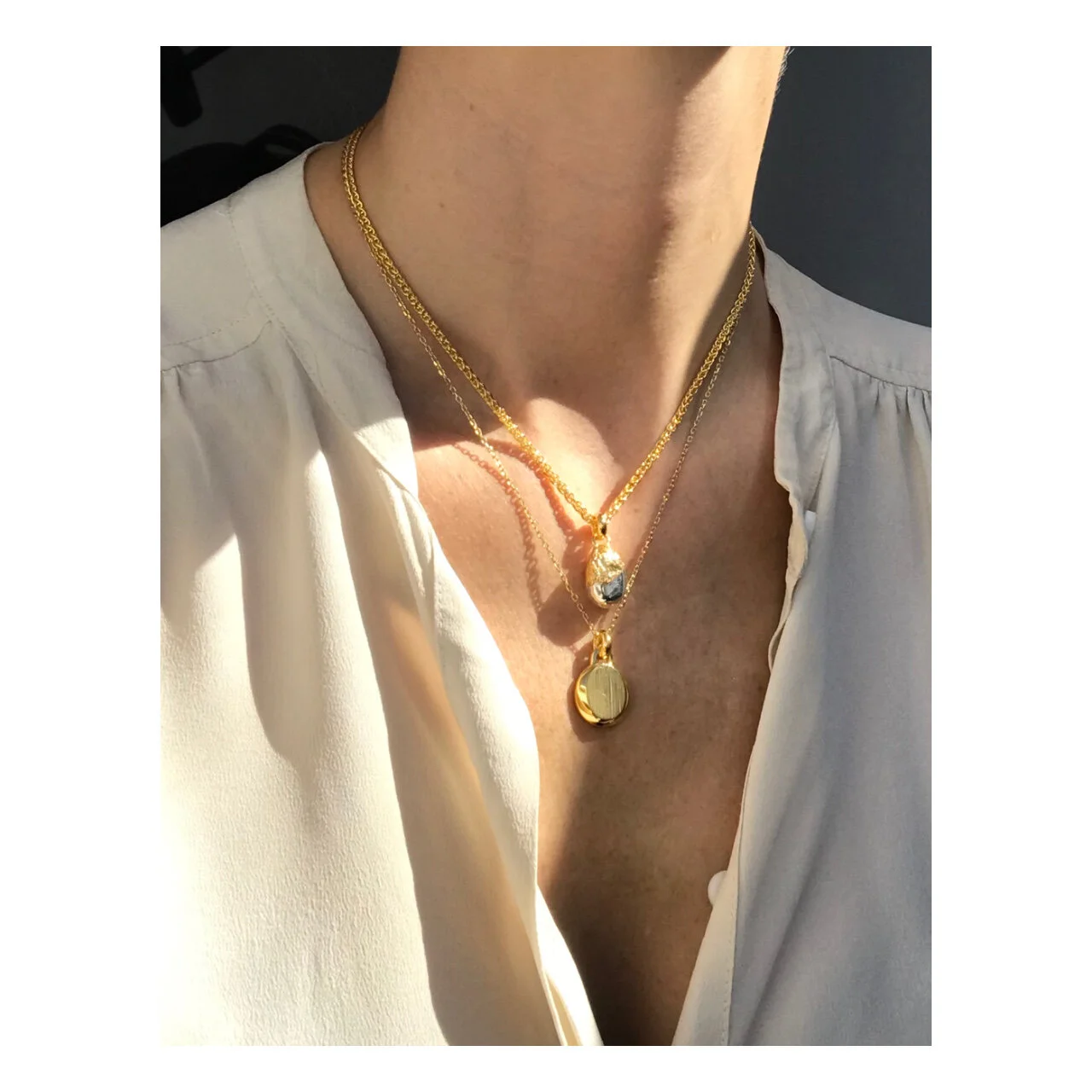 layered Tex and Osatar pendants, gold and silver mix jewellery, layered necklaces